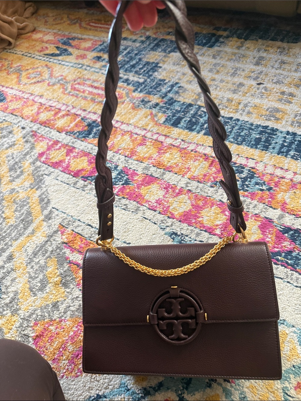 Tory Burch Dark Brown Leather Logo Shoulder Miller Bag with Gold Chain Like New - Picture 2 of 10